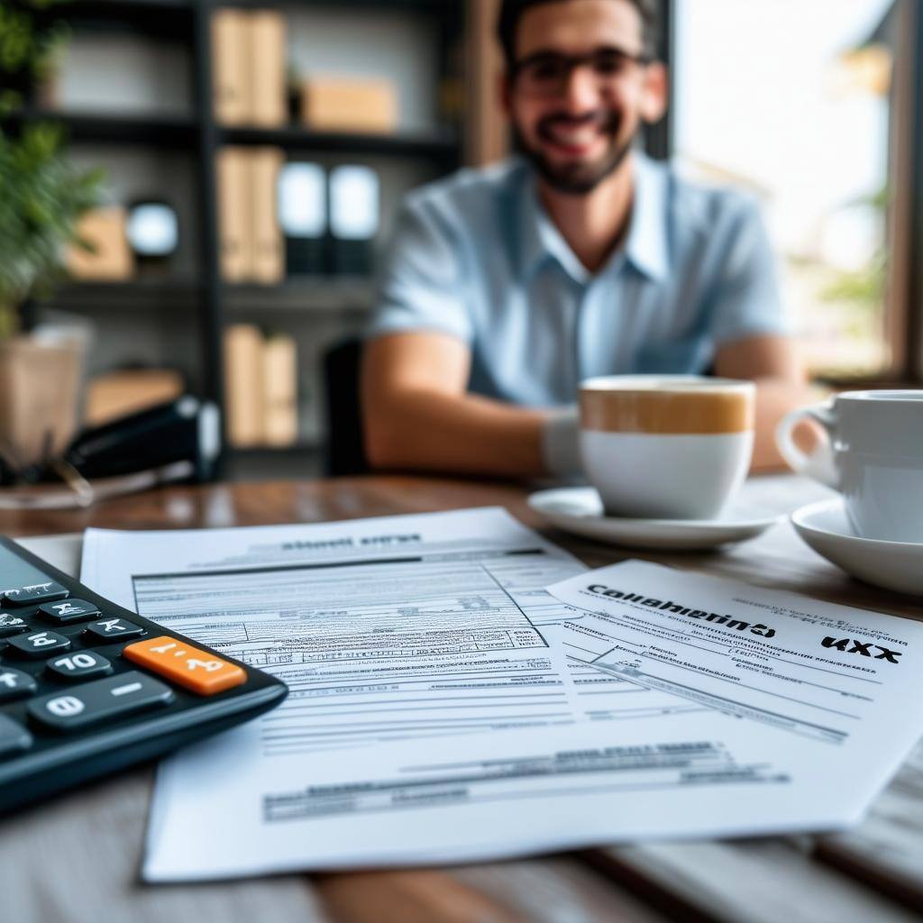 A modern desk setup featuring tax forms, a calculator, and a cup of coffee, with a smiling professional offering assistance in the background