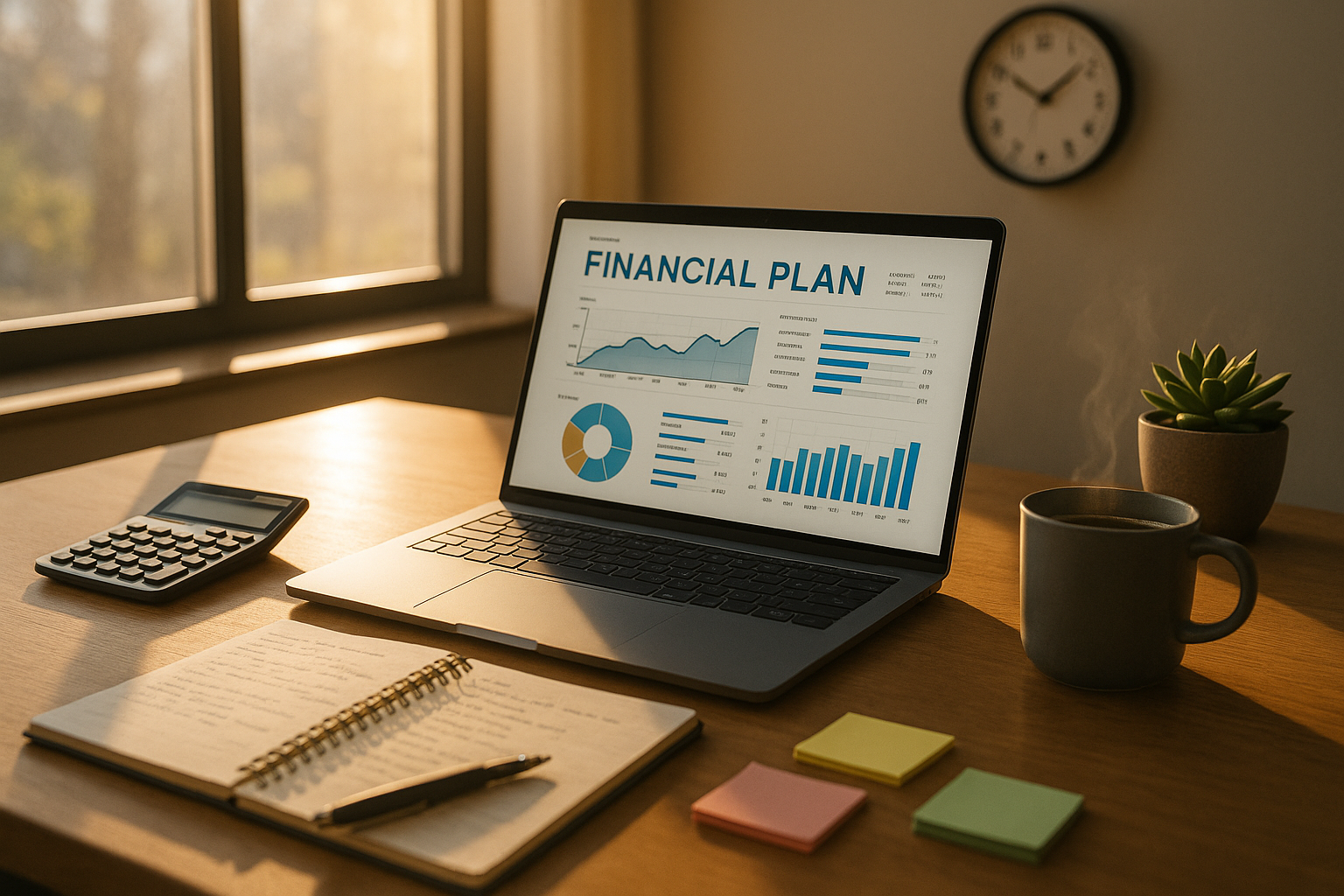 The image features a modern office desk bathed in warm natural light streaming through a large window On the desk a sleek laptop is open displaying a financial planning software interface filled with graphs and charts Beside the laptop a neatly organ-1
