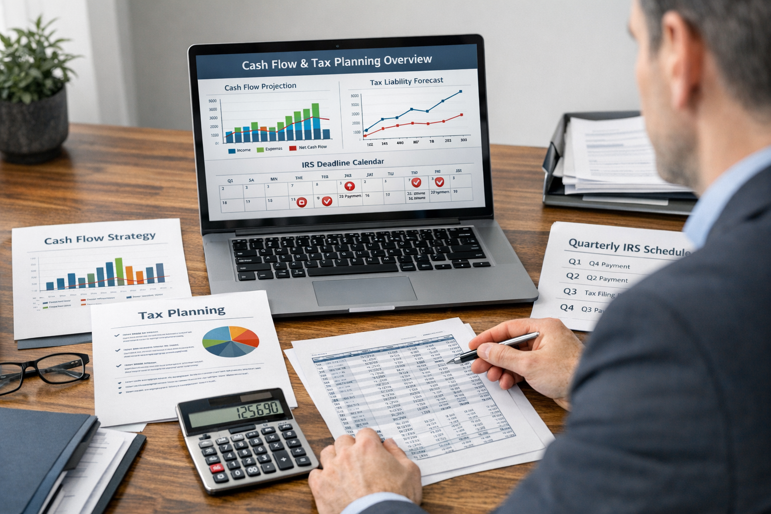 photographic A highly realistic business finance scene showing a CFO or financial analyst reviewing cashflow projections and taxtiming strategies A mo-1