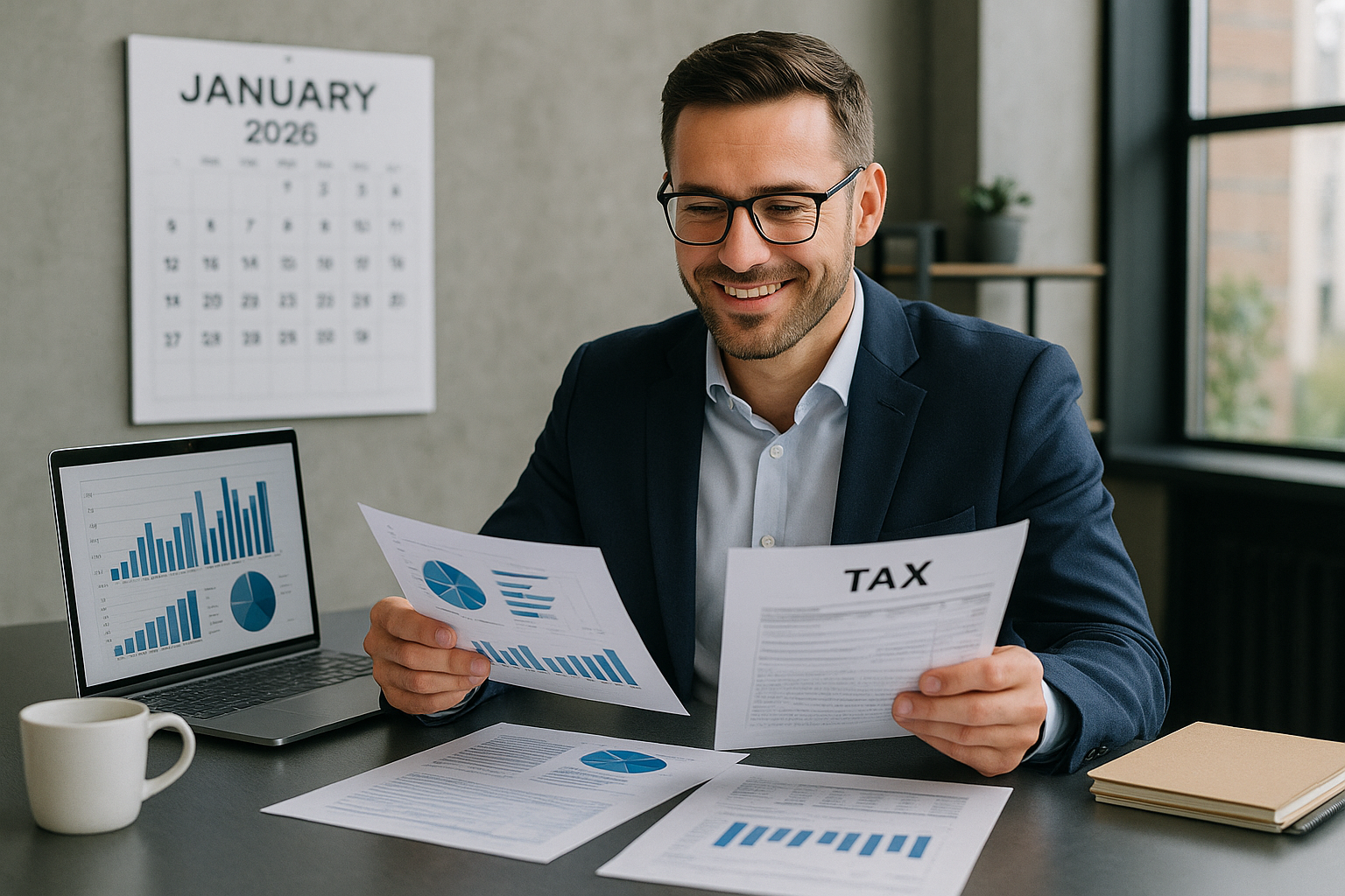 photographic A highresolution realistic photo of a confident business owner in a modern office setting reviewing financial documents and tax reports o-1