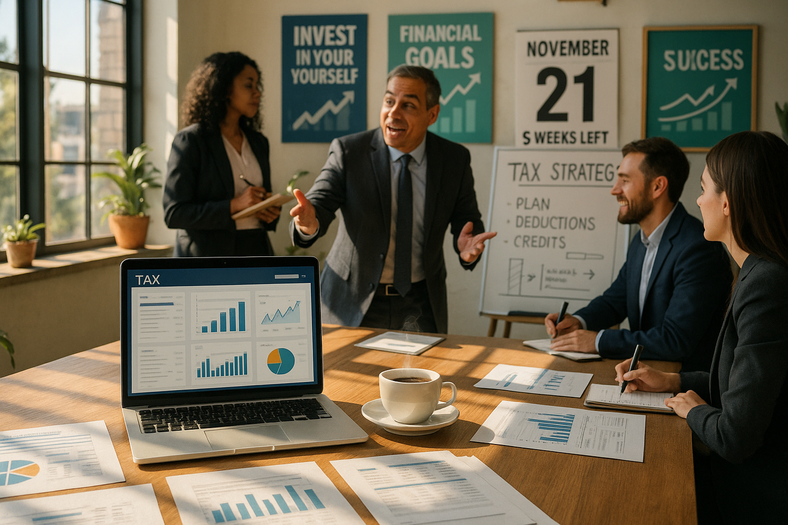 photographic A vibrant modern office space filled with sunlight streaming through large windows A sleek wooden desk is positioned in the foreground cl