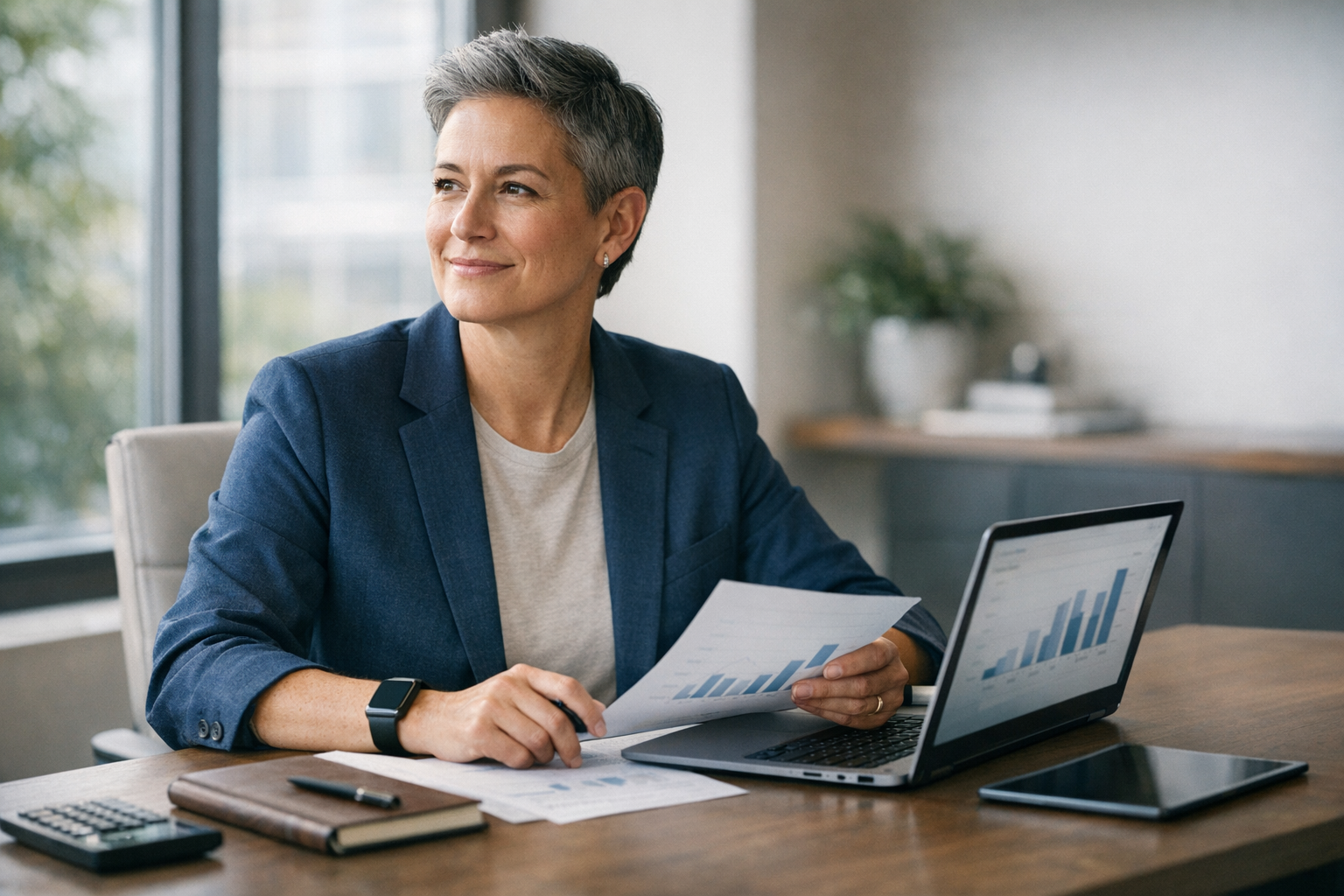 photographic Create a photorealistic highend editorial image depicting a successful smalltomidsize business owner engaged in proactive financial plann-1