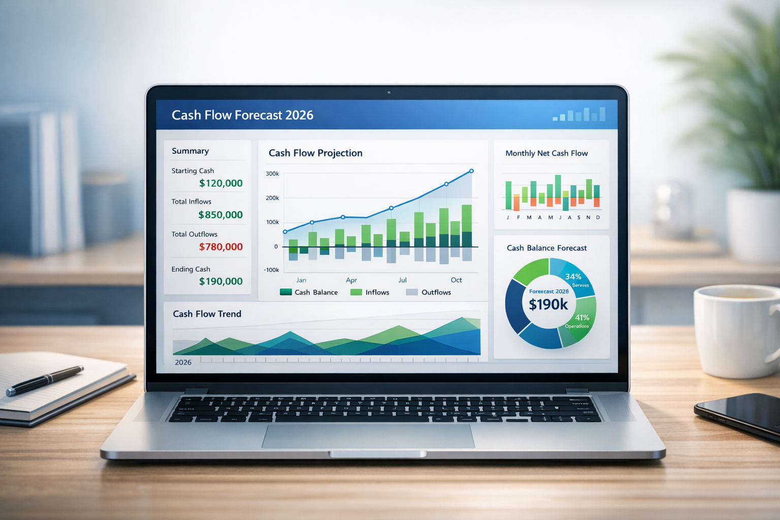 photographic Modern business finance illustration showing a clean visually appealing cash flow forecast dashboard on a laptop screen Include charts gr