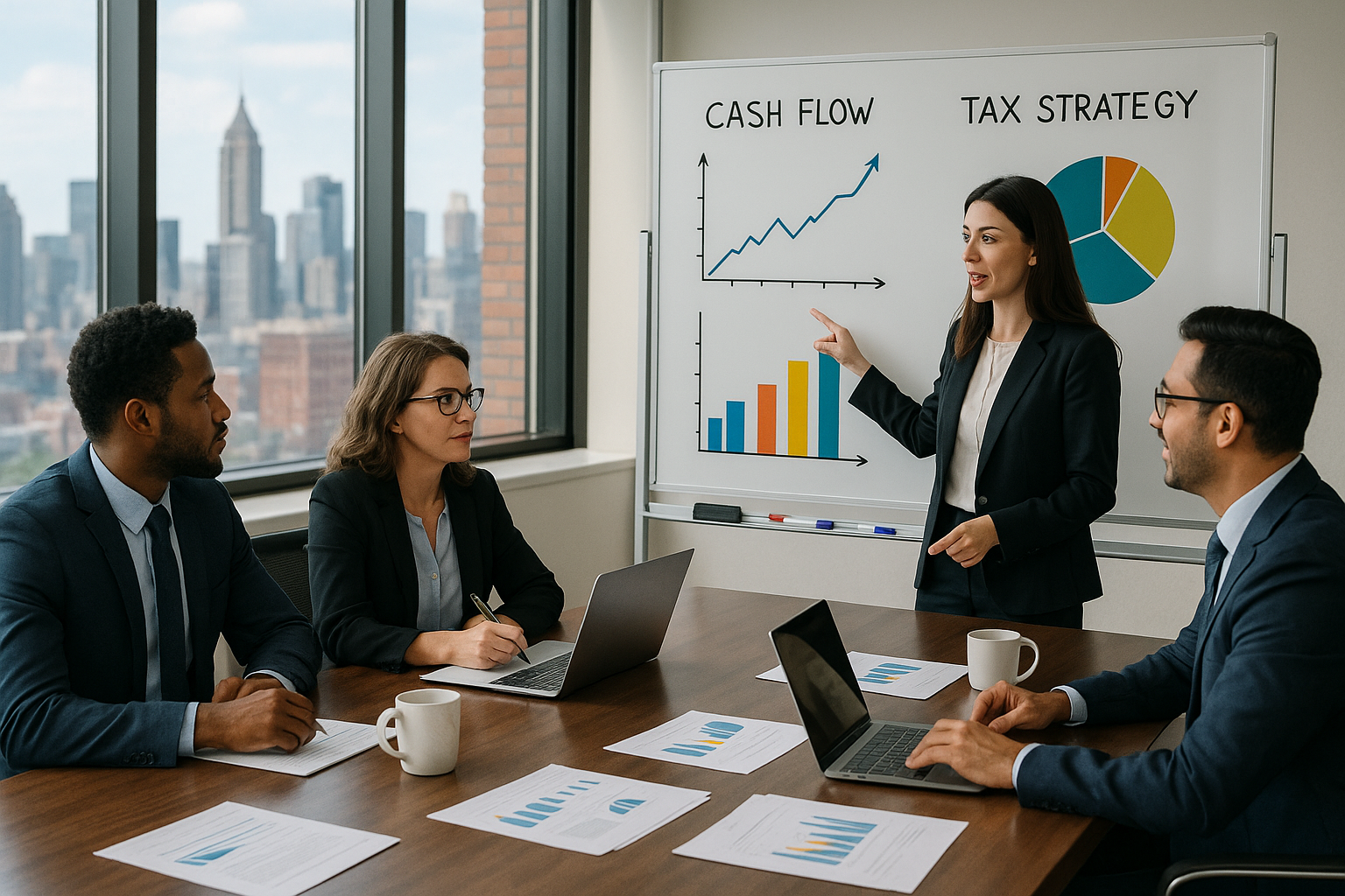 photographic The image depicts a modern office environment where a diverse group of business professionals is engaged in a strategic meeting The room