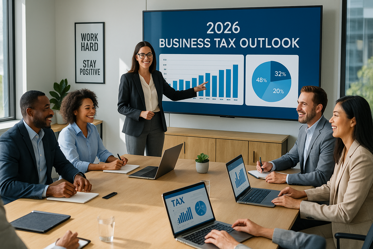 photographic The image depicts a modern office environment with a large conference table at the center surrounded by diverse professionals engaged in-1