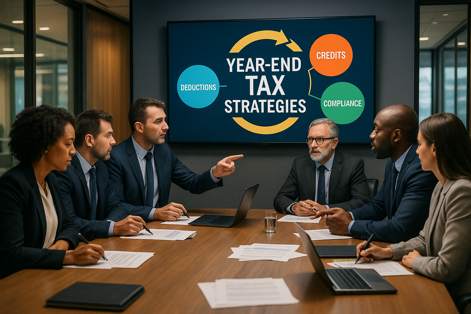photographic The image depicts a professional office setting where a diverse group of business owners is gathered around a sleek conference table A la-1