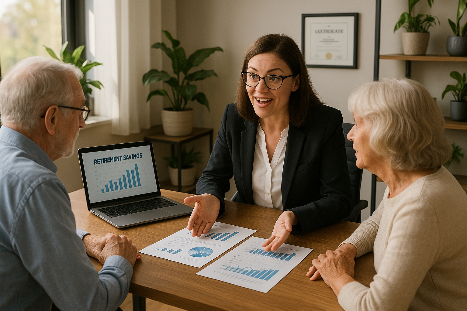 photographic The image features a professionallooking financial planners office where a oldaged couple sits across from a financial advisor at a sleek-1