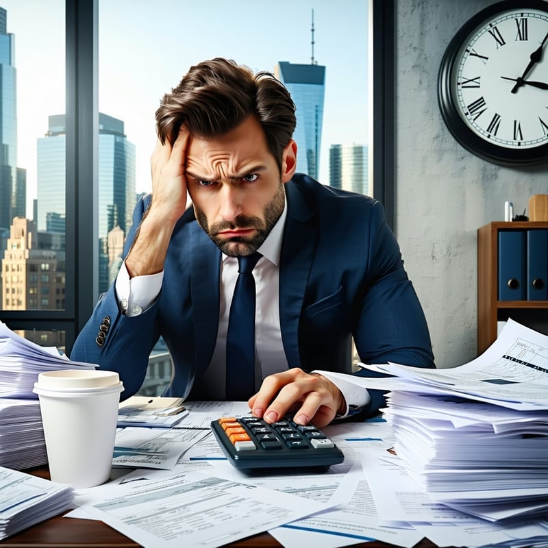A concerned businessman dressed in a tailored suit sits at a cluttered desk strewn with paperwork and tax forms His brow is furrowed and he has a worried expression as he stares intently at a calculator in one hand and a stack of documents in the oth
