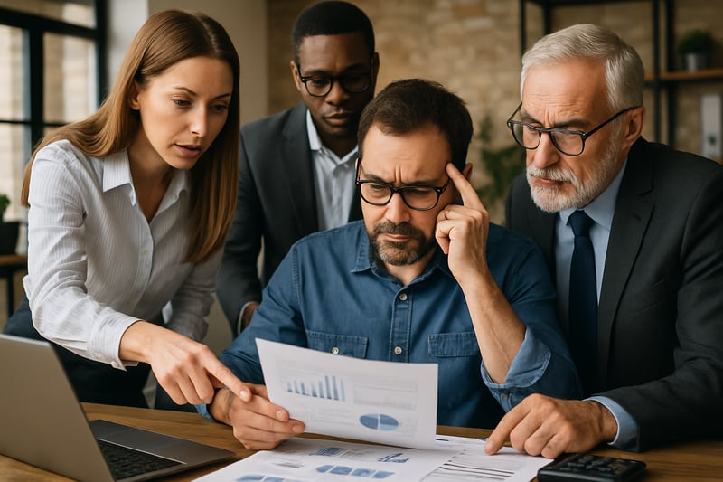 A small business owner looking at financial documents surrounded by a team of advisors