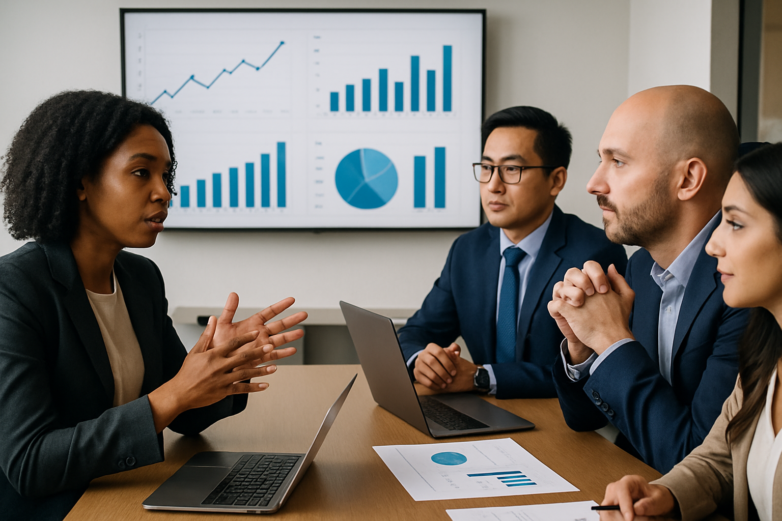 Image of a business meeting with diverse professionals discussing financial strategies with charts and graphs visible on a screen in the background