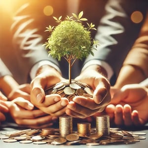 DALL·E 2024-12-03 12.35.53 - A realistic depiction of hands of diverse people coming together to hold a small tree growing out of a pile of coins. The scene is photographed in sof