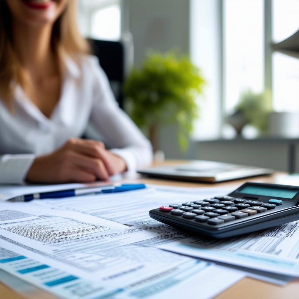 Desk setup with a calculator, tax forms, and a smiling professional-1