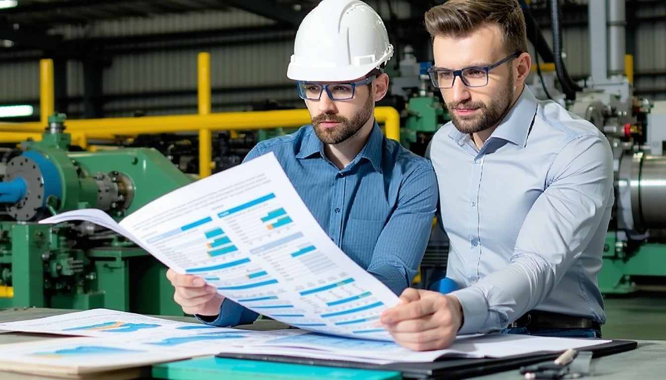 A manufacturing plant manager reviewing financial