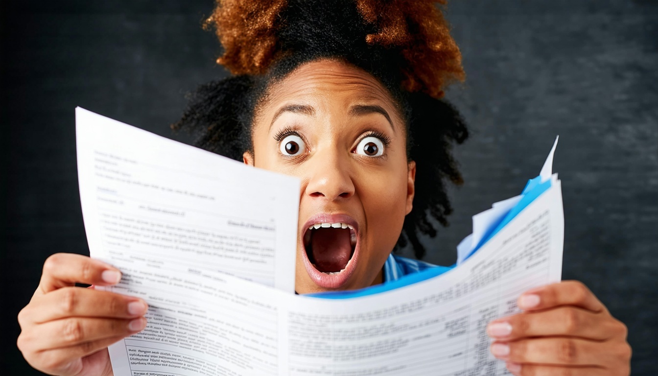 A person looking surprised and happy while examini