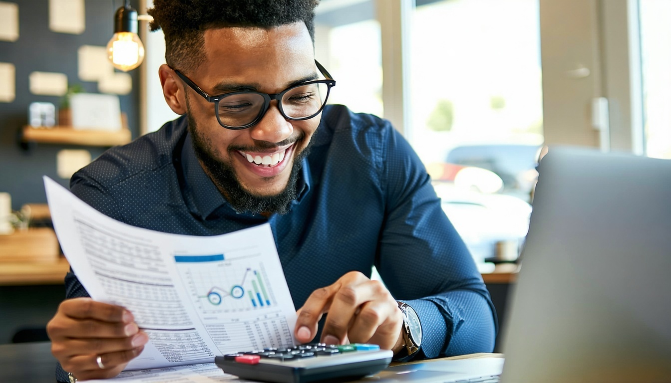 A small business owner happily reviewing financial