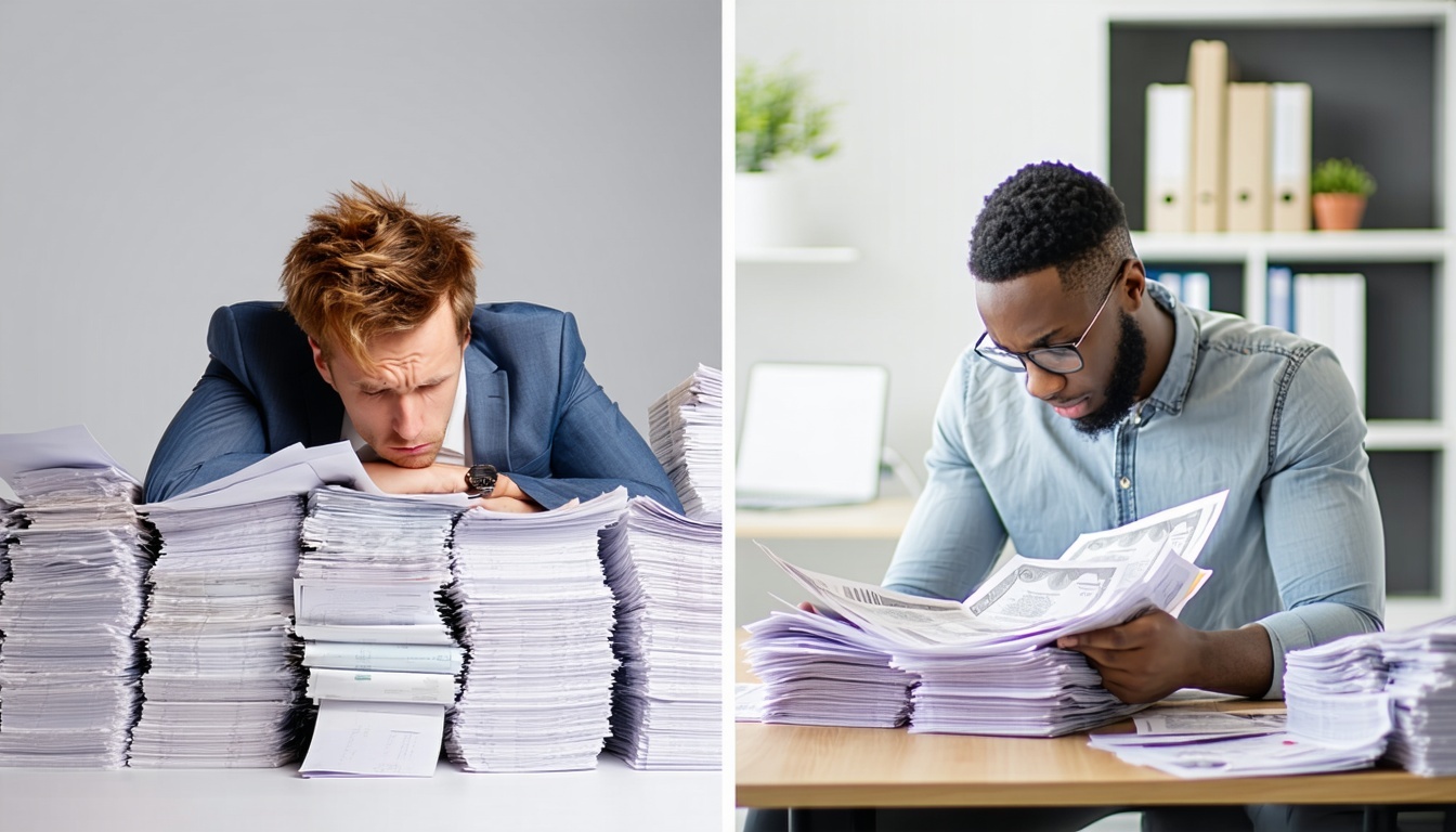 A split image showing a stressed individual with p